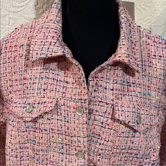 Belle by Kim Gravel Girl Boss Boucle Rainbow Jacket in pink tweed, size XL, NWT - Picture 3 of 11